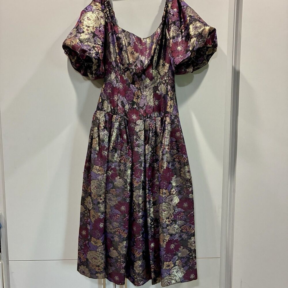 Victor Costa Metallic Floral Brocade Puff Sleeve Midi Dress Dark Cottagecore Sz6